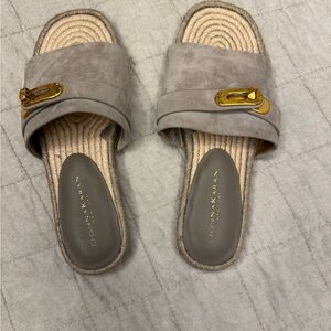 Donna Karan Taupe Mules with Gold Buckle